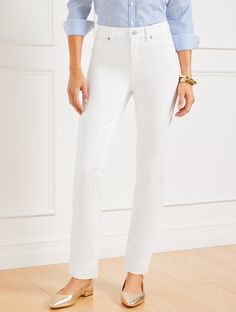 These ultra-flattering and super-comfortable jeans feature a high waist and a straight leg, in classic full length. If you have an hourglass shape, try our High-Waist Straight-Leg Jeans - Curvy Fit - White or Plus Size High-Waist Straight-Leg Jeans - Curvy Fit - White. Features Straight leg Hits: High waist Full length Closure: Fly front Five-pocket Imported Fit: Inseam: Misses: 31"; Petite: 28 1/2"; Misses Long: 34"; Plus : 31"; Plus Petite 28 1/2" Material: 66% Cotton, 16% Lyocell, 16% Polyest Spring Wardrobe Essentials, White Jeans Outfit, Comfortable Jeans, Curvy Jeans, Classic Style Women, Cropped Flares, Spring Wardrobe, Best Jeans, Slim Pants