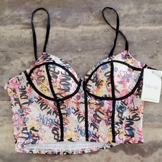 Meraki Size L Rn# 111503 95% Polyester 5% Spandex Multi Color Art Design "Love" Padded Bust Adjustable Straps Scrunch Back Dressy Crop Top, White Mesh Top, White Bustier, Strapless Crop Top, Puff Sleeve Crop Top, Corset Crop Top, Cropped Tube Top, Color Art, Floral Crop Tops