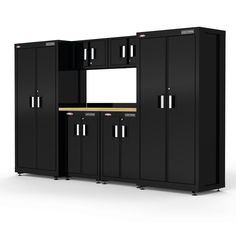 a black cabinet with two doors and three drawers on the front, one door open to reveal