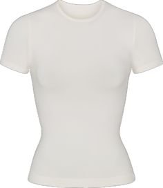 White Snug Fit Short Sleeve Top, White Short Sleeve Stretch Bodysuit, Casual High Stretch Crew Neck Short Sleeve Bodysuit, Fitted Seamless Short Sleeve T-shirt, Casual High Stretch Crew Neck Bodysuit, White Fitted T-shirt With Cap Sleeves, Basic Seamless Snug Fit T-shirt, White Stretch Short Sleeve Bodysuit, Seamless Second-skin Crew Neck Top