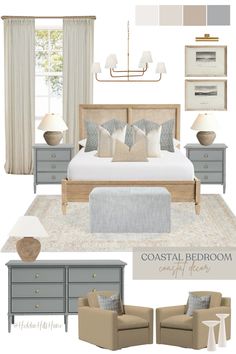 a bedroom with neutrals and blues in the color gray, beige, and white