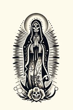 a black and white drawing of the virgin mary with flowers in her hair, holding a skull