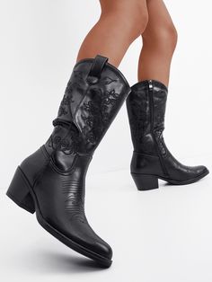 Black  Collar     Embellished   Women Shoes Spring Black Mid-calf Boots, Black Knee-high Moto Boots For Spring, Black Western Mid-calf Boots With Wide Calf, Western Style Black Mid-calf Boots With Wide Calf, Western Style Black Wide Calf Mid-calf Boots, Western Style Wide Calf Mid-calf Boots In Black, Western Black Knee-high Boots For Spring, Black Western Style Mid-calf Boots, Black Mid-calf Heeled Boots For Spring