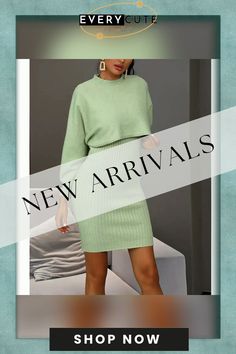 Green Knit Long Sleeve with Sweater Dress 2pcs Set Long Sleeve Sweater Dress Green, Casual Green Knee-length Sweater Dress, Fitted Green Knit Sweater Dress, 2pcs Set Women, Green Stretch Knee-length Sweater Dress, Gray Long-sleeved Knitted Sweater Dress, Knit Long Sleeve, Sweater Dresses, Set Women