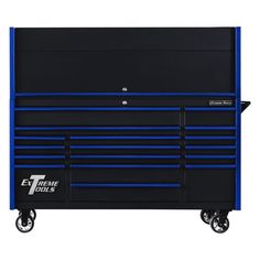 a black and blue tool cabinet with wheels