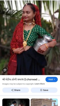 the woman is wearing a green and red sari with gold jewelry on her head