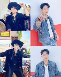 four pictures of the same person in different outfits, one is wearing a cowboy hat