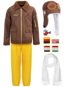 PRICES MAY VARY. Package Including: Our childs aviator costume contain 1 * kids aviator jacket, 1 * Pants, 1 * aviator hat with goggles, 1 * scarf, 5 * badge, 1 * airplane brooch. Unique Design: This aviator costume kids has airplane, pilot, flag logo. Sophisticated and cool. The glasses on the cap are semi-fixed and can be moved up and down via an elastic band. Wear it and bravely explore like the historical icon. Material: This little aviator outfit is made of special fabric. Thick and durable Logo Sophisticated, Aviator Outfit, Pilot Halloween, Aviator Costume, Hat With Goggles, Toddler Boy Halloween Costumes, Airplane Pilot, Pilot Jacket, Aviator Hat