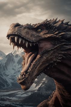 a large dinosaur with its mouth open in front of some mountains and snow covered hills