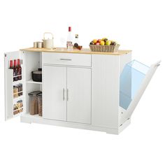 a white kitchen cabinet with an open door and shelves filled with food, drinks and condiments