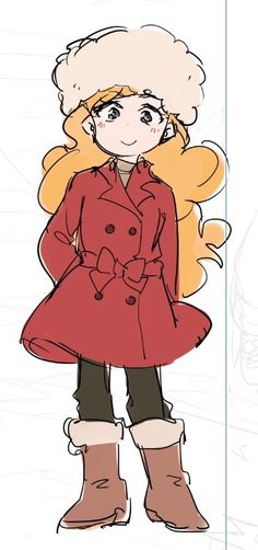 a drawing of a girl in a red coat and boots with her hands on her hips