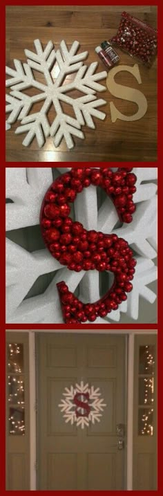 christmas decorations are displayed on the front door, and in the background is an image of snowflakes