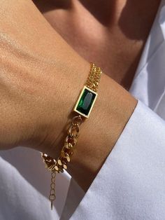 Emerald Green Bracelet, Jeweled Chain Bracelet Gift, Gift Jeweled Chain Bracelet, Trendy Green Chain Bracelet As Gift, Trendy Green Chain Bracelet For Gift, Emerald Crystal, Emerald Bracelet, Gold Armband, Mens Gold Bracelets