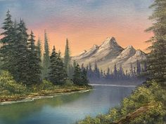 an oil painting of a mountain lake surrounded by trees