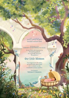 This custom baby announcement for a sweet baby girl features all her new forest friends—curious birds, bunnies, and even a family of ducks! The garden is filled with lush blooms and a garden arch in the background that subtly honours her Muslim roots.  This piece was designed to be printed, framed, and treasured as a keepsake for the family. Family Of Ducks, Kids Art Poster, Indian Wedding Invitation Card Design, Wedding Card Frames, Digital Invitations Wedding, Indian Wedding Invitation Cards, Animated Invitations, Sweet Baby Girl, Wedding Invitation Card Design