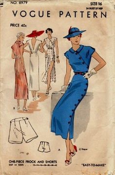 vintage vogue patterns - Google Search One Piece Frock, Summer Vogue, 1930 Fashion, Vintage Vogue Patterns, Patron Vintage, Robes Vintage, 30s Fashion, Vintage Dress Patterns, Vogue Pattern