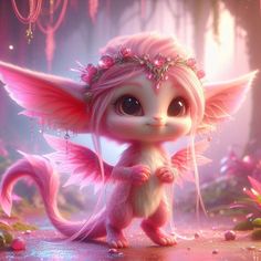 a cute pink fairy cat standing in the middle of a forest