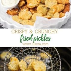 crispy and crunchy fried pickles on a plate with dip in the middle