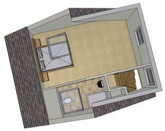 an overhead view of a small house with one bedroom and living room on the second floor