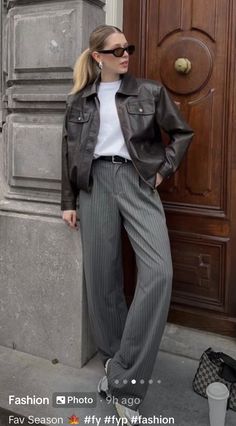 Styling Pinstripe Pants, Grey Trousers Outfit Women Street Style, Gray Pinstripe Pants Outfit Women, Grey Slacks Outfit, Grey Striped Pants Outfit, Gray Slacks Outfit, Grey Pinstripe Trousers Outfit, Checkered Trousers Outfits, Grey Trousers Outfit Women