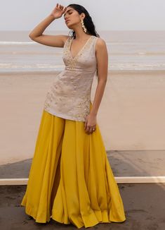 Ivory and Mustard Kalidar Palazzo With Embroidered Butti Dupatta Ease - Fabilicious Fashion Kurti Palazzo Set Design, Sleeveless Kurtis For Women, Sleeveless Kurti Neck Designs, Ethnic Tops For Women, Kurta Palazzo Designs, Kurta Set Designs Women, Sleeveless Kurti Designs, Palazzo Outfits, Indian Fits