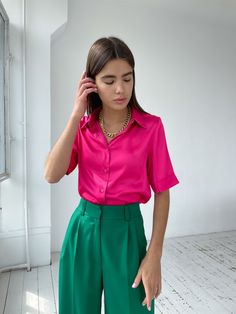 Satin shirt women Silk Shirt Satin Shirt 100% Silk Blouse Silk Shirts Silk Blouses Satin Silk Fuchsia Silk Blouse Pink satin shirt⭐Our fabric:We have used a premium quality satin and 100% silk: it's light and soft, pleasant to wear and easy to wash. ⭐Please, note:• Colors may slightly differ from images due to monitor used;• You may be a subject to additional taxes from the country you will order delivery to.⭐Refund/ Returns / Exchanges for pants are not accepted due to the items being custom ma Short Sleeve Silk Shirt Outfit, Silk Pink Shirt Outfit, Green Pants Pink Shirt Outfit, Pink Silk Shirt Outfit, Pink Short Sleeve Blouse For Work, Pink Shirt For Workwear In Summer, Feminine Summer Blouse With Spread Collar, Pink Silk Shirt For Spring, Pink Short Sleeve Blouse For Formal Occasions