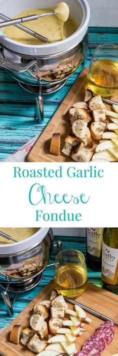 toasted garlic cheese fondue is served on a cutting board