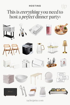 an advertisement for a dinner party with white and black items, including plates, cups, knives