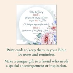 a card saying that reads, print cards to keep them in your bible for notes and reminders