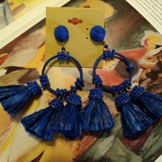 Lightweight 3" L Blue Bohemian Tassel Earrings, Blue Dangle Tassel Earrings With Fringe, Blue Bohemian Earrings For Spring, Blue Tassel Dangle Earrings For Summer, Blue Fringe Tassel Earrings For Party, Adjustable Blue Tassel Earrings For Parties, Blue Summer Tassel Dangle Earrings, Blue Dangle Tassel Earrings For Beach, Blue Tassel Beach Earrings