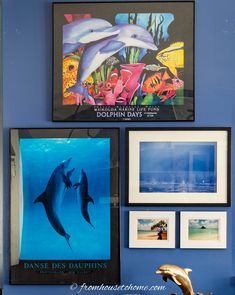 two dolphins are swimming in the water and some pictures hang on the wall above them