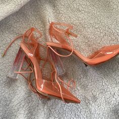 Peach Plastic Top Closed Toe With Adjustable Strap At Ankle With Type Up Cord Clear Square 4 Inch Heel Orange 4-inch Heel Summer Heels, Orange 4-inch Heels For Summer, Orange Sandals With Wrapped Heel And Pointed Toe, Orange Block Heels With Wrapped Heel, Orange Ankle Strap Heels For Spring, Chic Orange Ankle Strap Heels, Trendy Orange Open Heel Heels, Orange Strappy Heels With Heel Strap, Orange Strappy Heels With Wrapped Heel