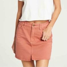 - ! Size: 28 Color: Sunburnt (Salmon Pink) Material: 100% Cotton ! Features Bodycon Fit Slit At Center Front 5-Pocket Design Hand-Sanding Raw Edged Hem **: . Pink Mini Skirt, Salmon Pink, Pink Mini, Black Magic, Billabong, Denim Skirt, Pink And Orange, Mini Skirt, Womens Skirt