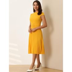 This dress can be a perfect addition to almost any outfit for daily wear, great for work, meetings, weddings, offices, businesses, parties, cocktails, casual, everyday dressing, etc. Pair with flat shoes or high heels for an elegant office look. Comfortable and versatile, this dress is perfect on its own or as a layer under a blazer. Fitted Yellow Pleated Midi Dress, Casual Fitted Pleated Midi Dress, Fitted Yellow Belted Dress, Dresses Yellow, Work Meetings, Pleated Dresses, Elegant Office, Office Look, Casual Everyday