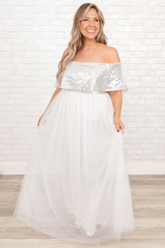 Chic Soul plus size clothing, silver off the shoulder dress with mesh skirt in white Flowy Style, Off Shoulder Dresses, Dress Silver, Midi Dress Party, Silver Dress, Model Fits, Maxi Dress Party, Off Shoulder Tops, A Princess