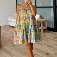 Splash Of Color Tiered Dress - Multicolor Vibrant Mini Dress For Beach In Spring, Vibrant Mini Dress For Day Out, Vibrant Spring Mini Dress, Multicolor Ruffled Sundress For Brunch, Colorful Sundress For Spring Vacation, Colorful Sundress For Vacation In Spring, Colorful Spring Sundress For Vacation, Chic Multicolor Mini Dress For Day Out, Colorful Spring Vacation Sundress