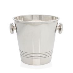 a silver bucket with handles and two handles on the side, sitting in front of a white background