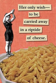 an advertisement for macaroni and cheese with a woman standing in front of it