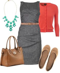 A great outfit for work! This dress is professional, yet modest. With a cardigan in a bright color and simple flats, this outfit is perfect for business casual! Vestidos Casual, Baby Twins, Professional Style, Grey Dress, Tattoos Ideas, Makeup Tutorials, Work Clothes