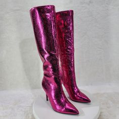 Fuchsia Metallic Festive Pointy Toe With Inseam Side Zipper Snake Skin Textured 4 Inch Stiletto Heel Brand New In Box. Pink Pointed Toe Heeled Boots For Formal Occasions, Formal Pink Pointed Toe Heeled Boots, Chic Pink Heeled Boots For Formal Occasions, Chic Pink Heeled Boots With Pointed Toe, Pink High Heeled Boots For Fall, Pink Pointed Toe Winter Boots, Pink Pointed Toe Heeled Boots For Evening, Pink High Heel Boots For Evening, Pink Pointed Toe Heeled Boots For Fall