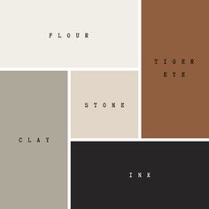 four different color palettes with the words flour, stone, clay and flor