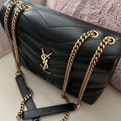 Authentic, Black Gold Chain Bag, Can Wear As Crossbody, Great Condition, Dustbag Box And Paperbag Included. Gold Chain Bag, Bags Ysl, Black Gold Chain, Saint Laurent Bags, Yves Saint Laurent Bags, Chain Bag, Chain Bags, Small Bag, Gold Chain