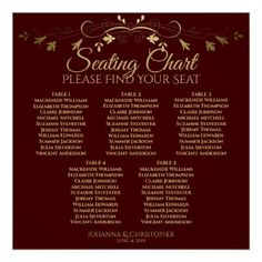 seating chart for an event with gold and maroon flowers on the front, burgundy background