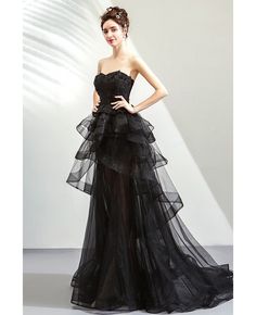 Buy Mistery Black High Low Tulle Prom Party Dress With Ruffles Strapless at wholesale price online. Free shipping and pro custom service since 2009. Black Lace Dress Long, Swan Dress, Organza Wedding Dress, Strapless Evening Dress, Organza Wedding, Black Evening Dresses, Lace Dress Long, Prom Party, Halloween Dress