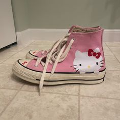 Very Rare Hello Kitty Converse. I Bought These When They Dropped On The Converse Website About 4 Years Ago, They Have Very Minimal Wear And Due To The Resale Value On These, I’m Firm On The Price So Serious Inquires Only. I’ll Only Sell At The Price That They’re Listed. I Don’t Really Want To Sell Them But They’re Taking Up Space In My Closet And They Don’t Get Enough Wear. Please Note, These Have Dirt On The Bottom (From Being Worn) I Can Easily Clean It Off Before Sending And There Is Some Discoloration On Sections Of The Laces Due To The Grommets Rubbing On Them. This Happens To Just About Every Pair Of Converse. Dm Before Purchasing!!!! #Hellokitty #Sanrio #Converse Hello Kitty Shoes Size 5, Sanrio Converse, My Melody Converse, Playful Pink Hello Kitty Bottoms, Hello Kitty Shoes Converse, Hello Kitty Converse, Hello Kitty Converse One Star, Rare Hello Kitty, Hello Kitty Sneakers & Athletic Shoes