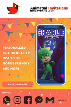 Digital kids Birthday Invitation Video Computer Notes, Pj Masks Birthday Party, Birthday Video Invitation, Pj Masks Birthday, Invite Card, Animated Invitations, Birthday Video, Video Invitation, Facebook Event