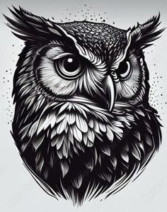 an owl's head with large eyes is shown in this black and white drawing