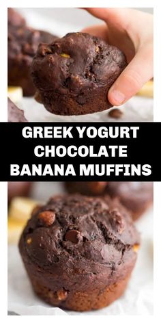 greek yogurt chocolate banana muffins on a white plate with text overlay