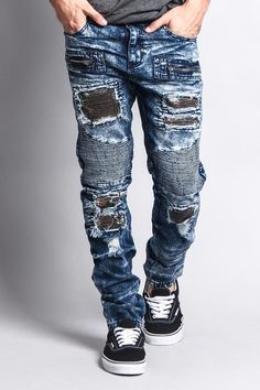 Stay trendy with these stain washed denim jeans, perfect for wearing with sneakers, or go military-inspired with a great pair of boots. Now featuring contrast patching. - 97% Cotton, 3% Spandex- Classic five-pocket styling- Zipper fly, button closure- Machine-wash cold inside-out with like colors, line dry- Imported. Rugged Denim Jeans For Streetwear, Casual Denim Jeans With Patches, Biker Jeans, Military Inspired, Washed Denim, Mens Streetwear, Ripped Jean, Denim Wash, Parachute Pants