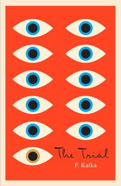 an orange book cover with blue eyes and the title, the trial by f kafka